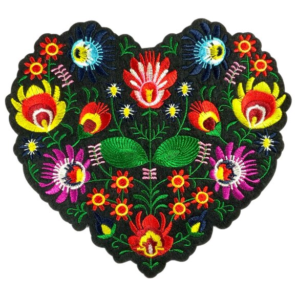 Accessories - NEW! Large Embroidered Floral Pattern Heart Iron On Patch Folk Boho Colorful